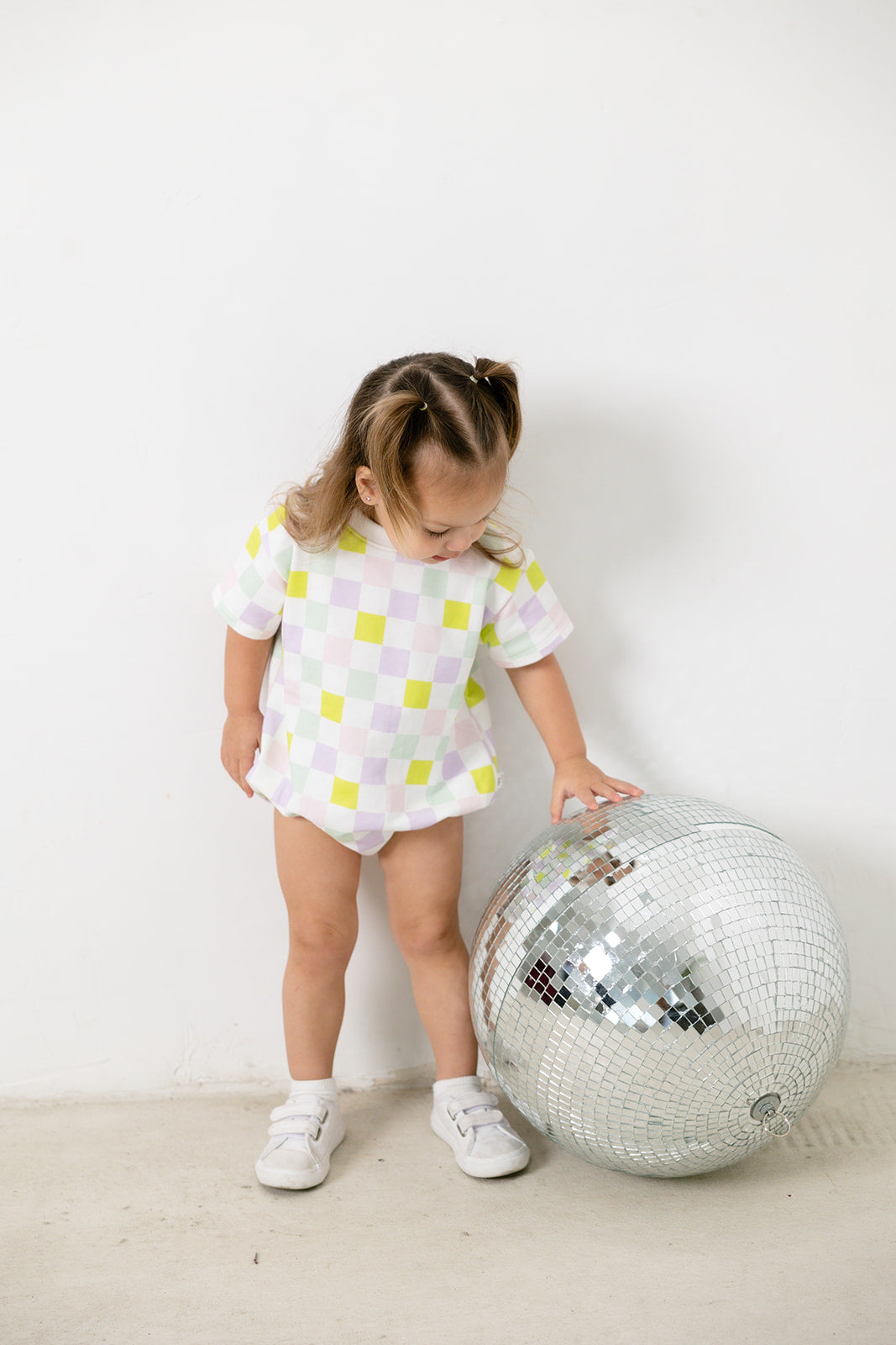 multi-checkered bubble romper