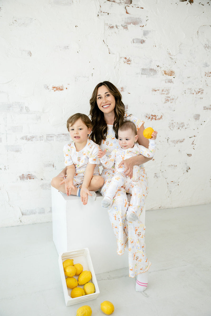Mother and children wearing matching Bianca & Bear Amalfi Pima cotton styles