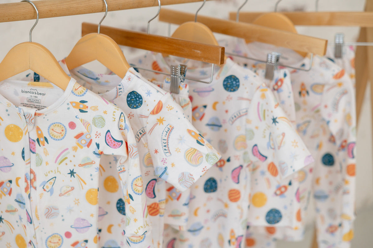 Bianca & Bear Out of This World Pima cotton pajama set with coordinating space-print styles