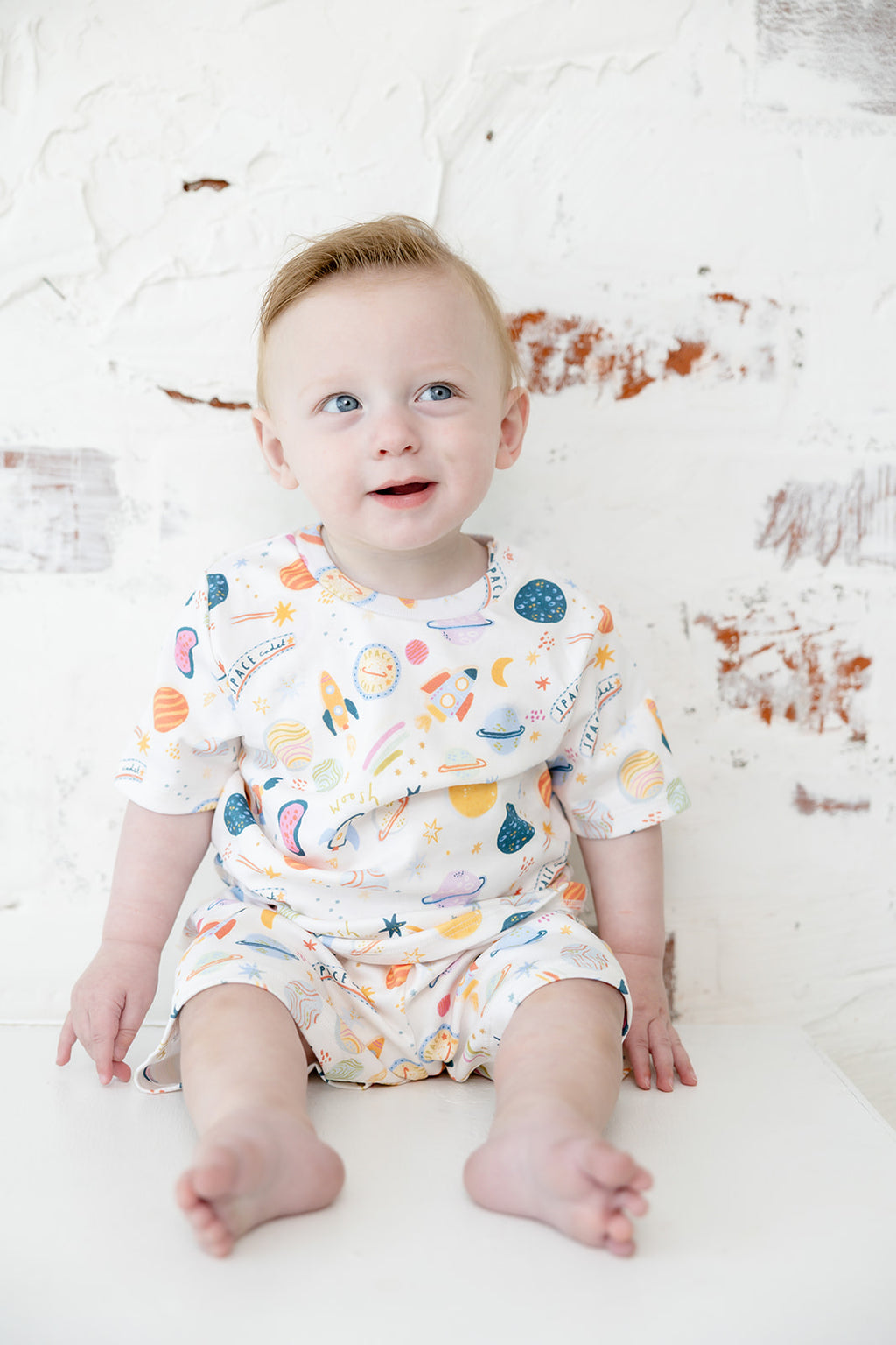 Child wearing Bianca & Bear Out of This World Pima cotton short set