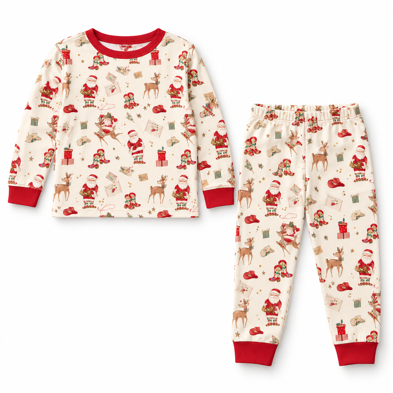 Cowboy Christmas children’s Pima cotton pajama set — digital product mockup with ivory Western Christmas print and red trim