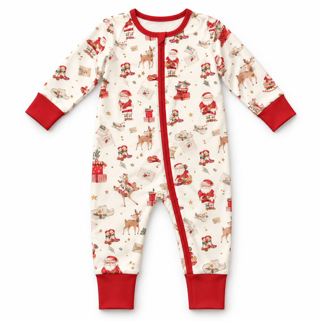 Cowboy Christmas Pima cotton sleeper — digital product mockup with ivory Western Christmas print, red zipper and cuffs