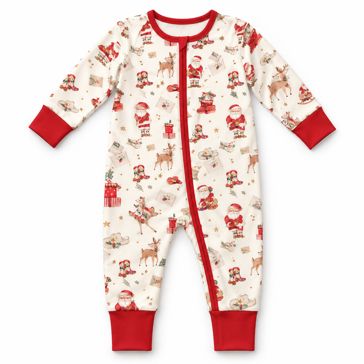 Cowboy Christmas Pima cotton sleeper — digital product mockup with ivory Western Christmas print, red zipper and cuffs