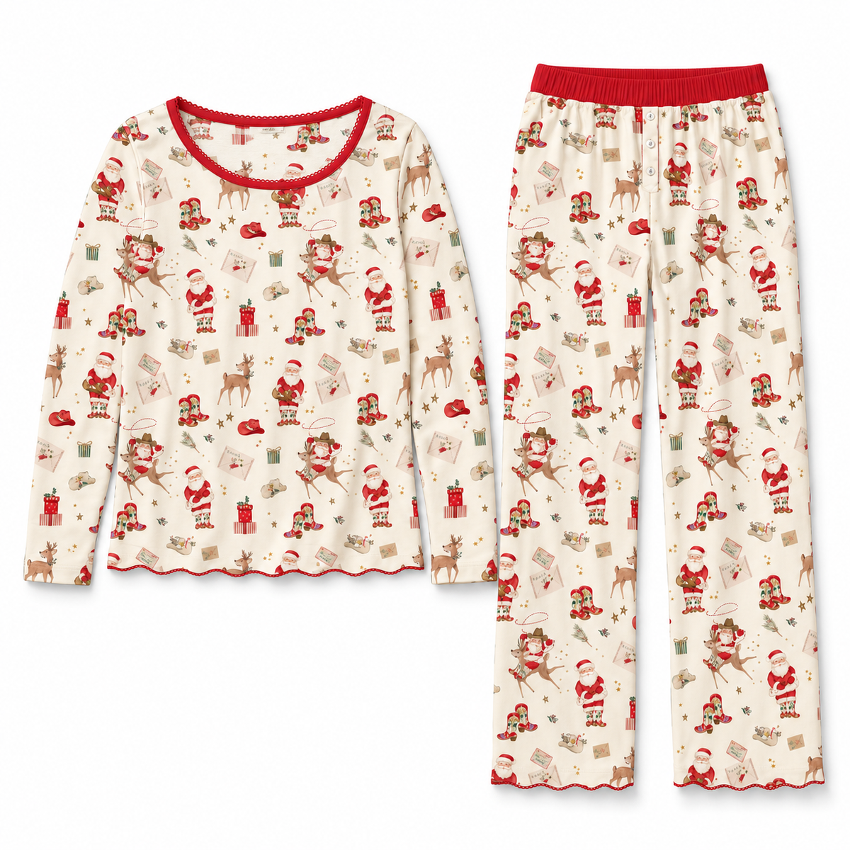Cowboy Christmas women’s Pima cotton pajama set — digital product mockup with red waistband and picot trim